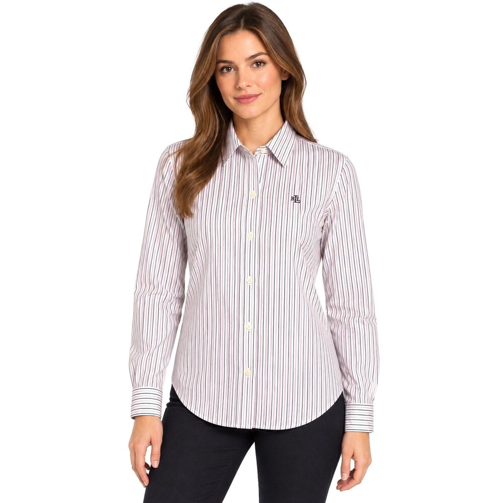 Lauren Ralph Lauren Womens Large Non-Iron Pink Black Striped Button Down Shirt